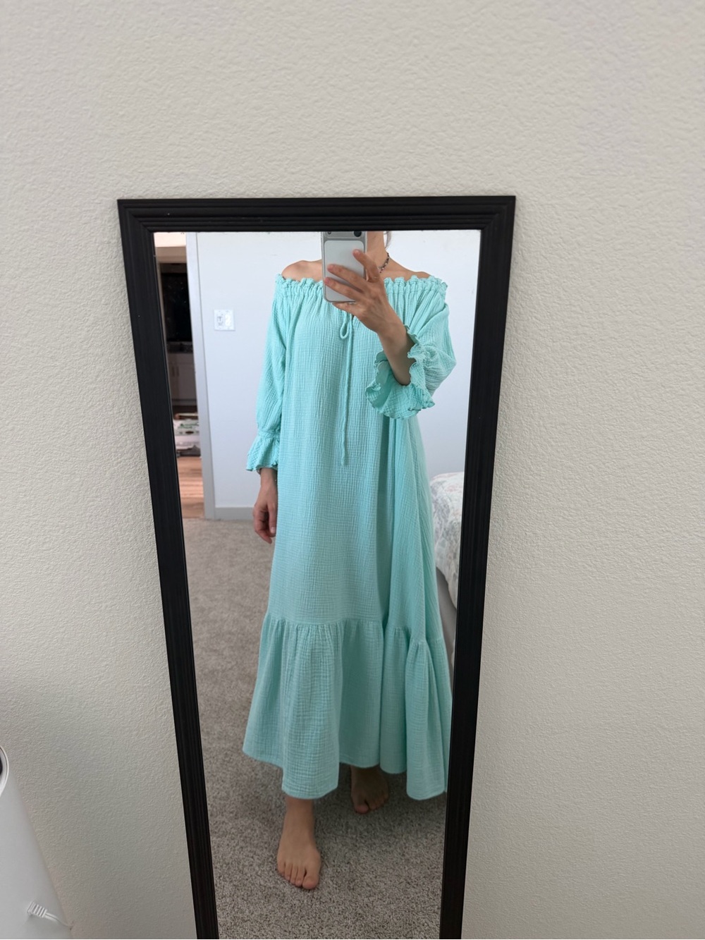 Madhava dress 100% Cotton Gauze Boho Maxi Dress Mint Off Shoulder
